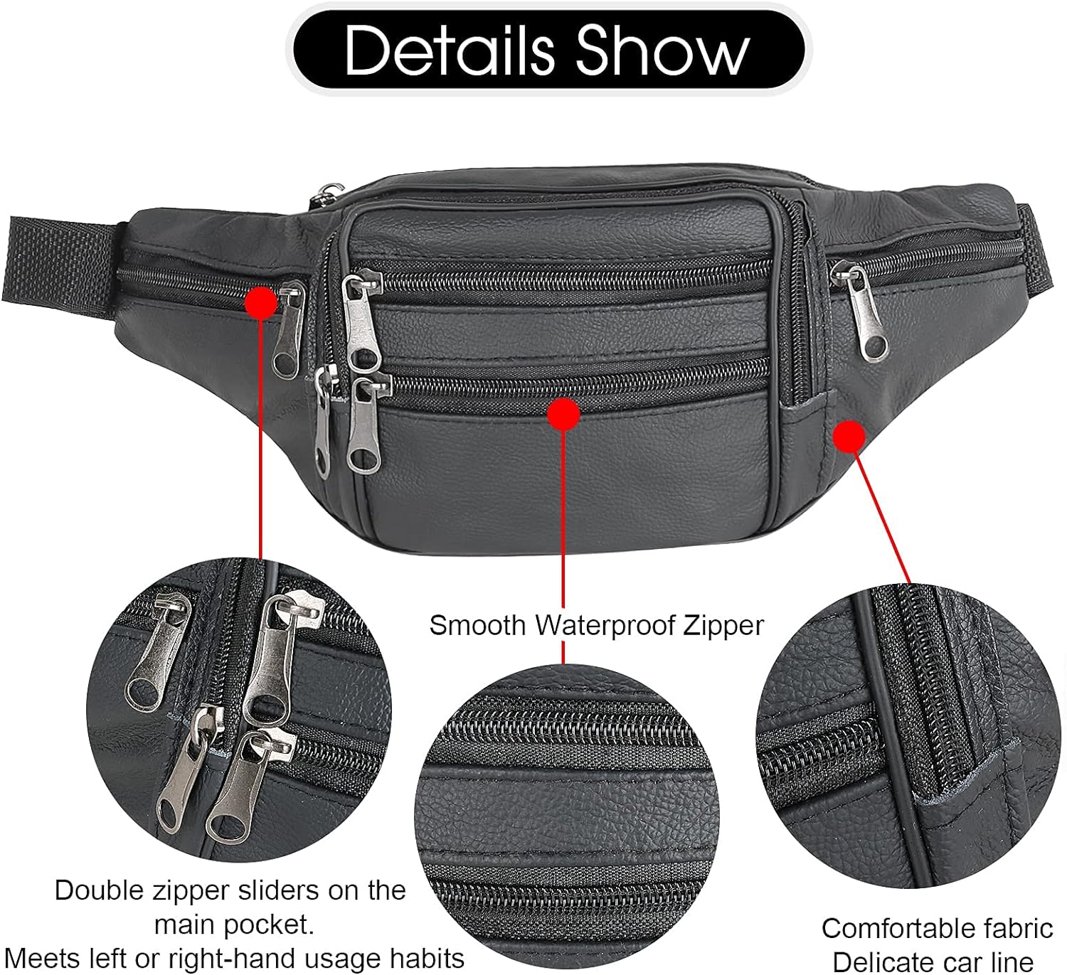 Fanny Pack Outdoor travel leather Fanny pack,Cowhide Leather Large Size 7 Pockets waist bag.Suitable for outdoor mountaineering, travel, camping, cycling, running, etc. - Image 5
